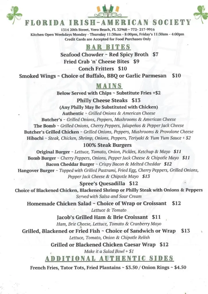 Florida Irish American Society Special Menu