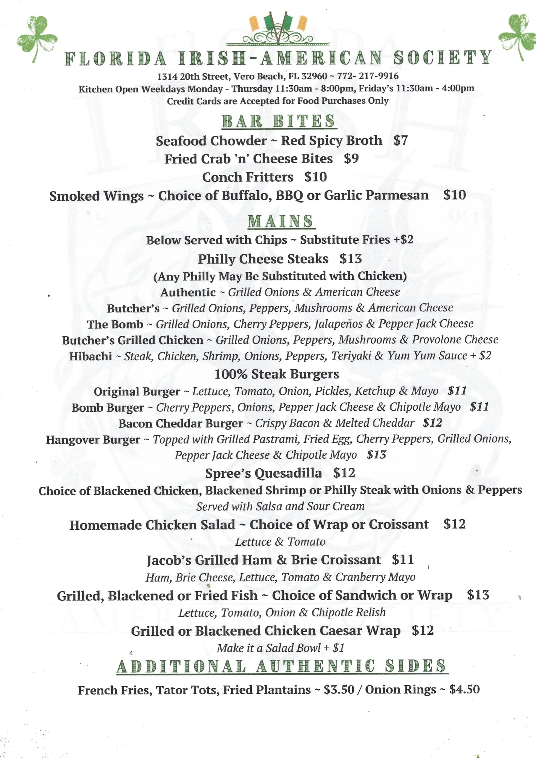 FIAS Food Menu 8-22-25 Florida Irish American Society Special Menu